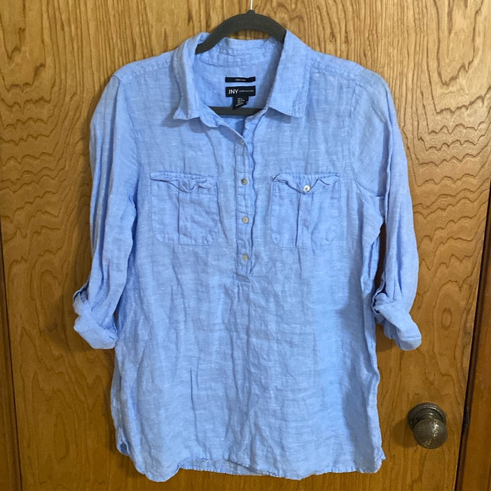 JNY New York 100% Linen Blue Tunic Top Large